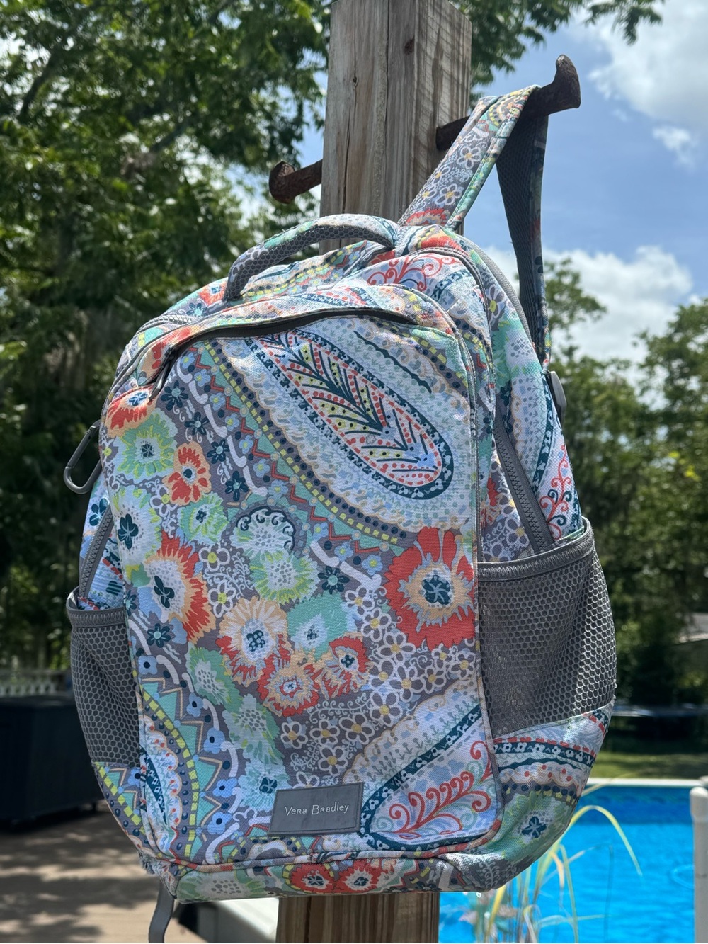 Vera Bradley Quilted Paisley Floral Backpack in Gray, Coral & Mint